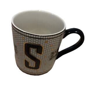 Anthropologie Monogram S Letter Initial Coffee Mug Hexagon Gold Tile Black White